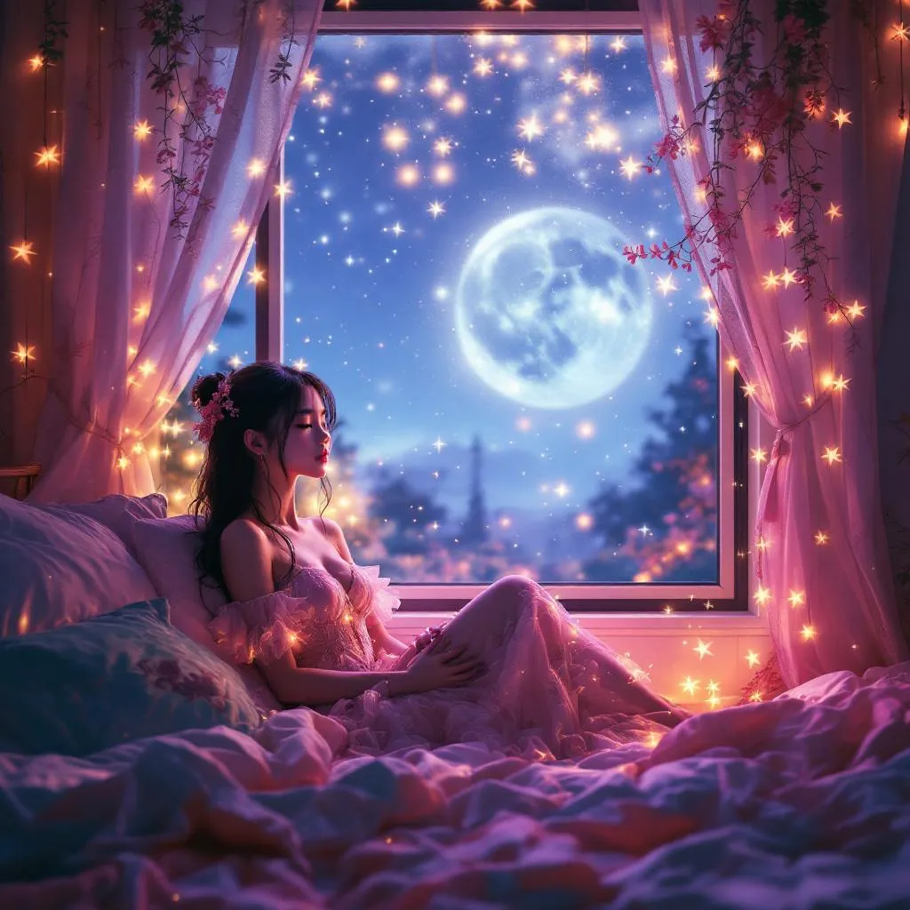 A dreamy fantastic  asia girl  under soft moonlight, pastel colors, sparkles in the air,seductive  dress, cozy bedroom vibe,  Ultra Realistic, emotional and relaxing atmosphere stable diffusion, 4K