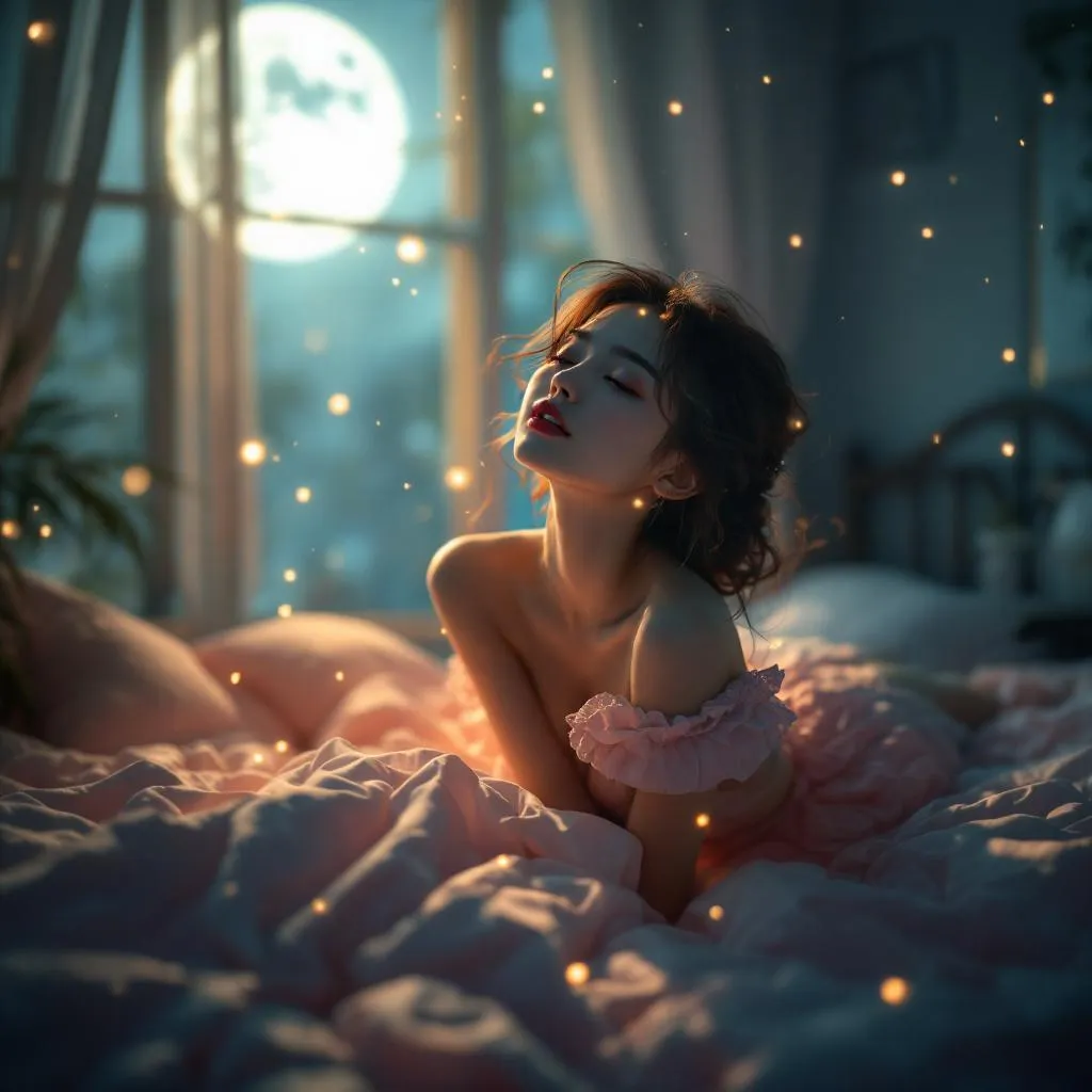 A dreamy fantastic  asia girl  under soft moonlight, pastel colors, sparkles in the air,seductive  dress, cozy bedroom vibe,  Ultra Realistic, emotional and relaxing atmosphere stable diffusion, 4K