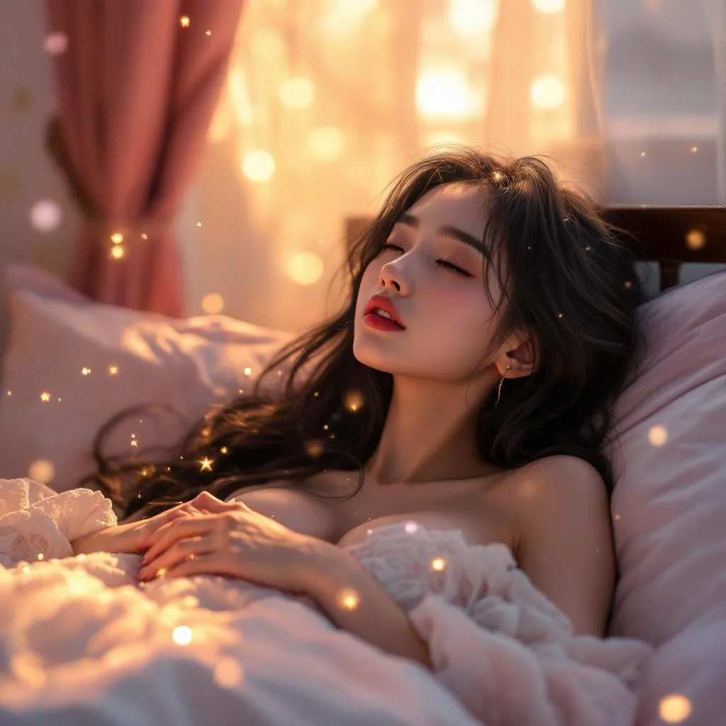A dreamy fantastic  asia girl  under soft moonlight, pastel colors, sparkles in the air,seductive  dress, cozy bedroom vibe,  Ultra Realistic, emotional and relaxing atmosphere stable diffusion, 4K