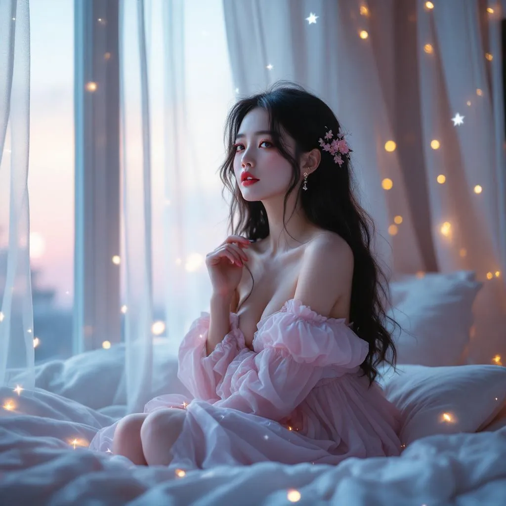 A dreamy fantastic  asia girl  under soft moonlight, pastel colors, sparkles in the air,seductive  dress, cozy bedroom vibe,  Ultra Realistic, emotional and relaxing atmosphere stable diffusion, 4K