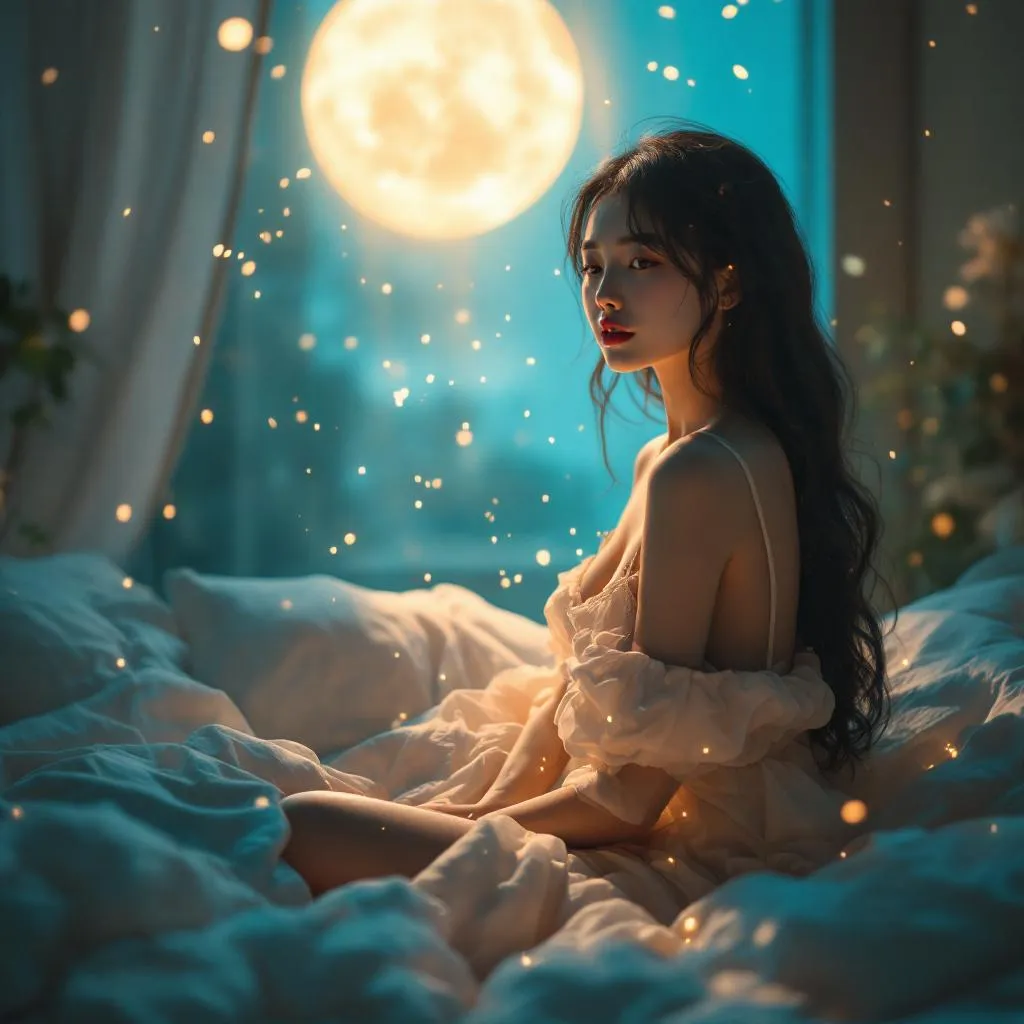 A dreamy fantastic  asia girl  under soft moonlight, pastel colors, sparkles in the air,seductive  dress, cozy bedroom vibe,  Ultra Realistic, emotional and relaxing atmosphere stable diffusion, 4K
