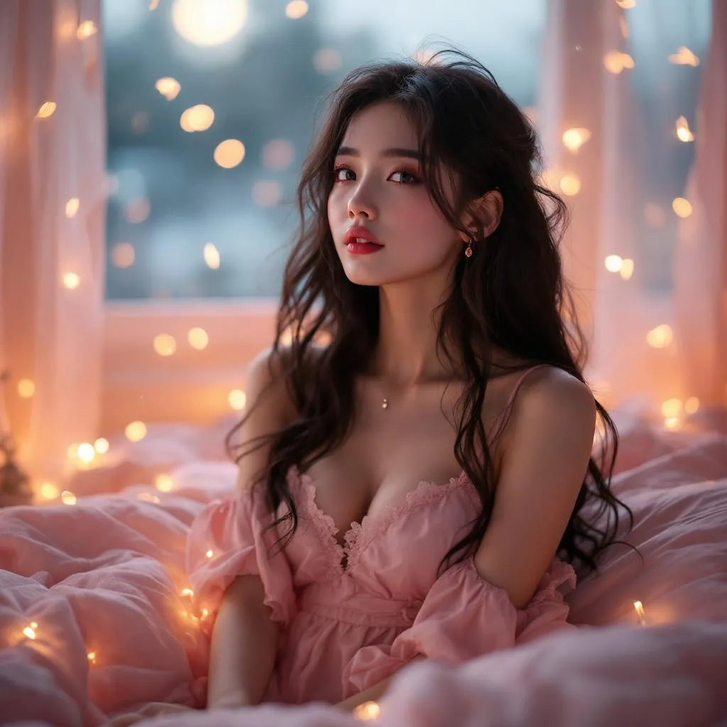 A dreamy fantastic  asia girl  under soft moonlight, pastel colors, sparkles in the air,seductive  dress, cozy bedroom vibe,  Ultra Realistic, emotional and relaxing atmosphere stable diffusion, 4K