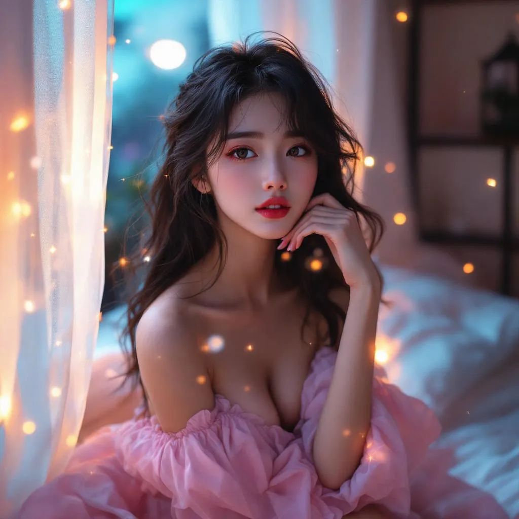A dreamy fantastic asia girl under soft moonlight, pastel colors, sparkles in the air,seductive  dress, cozy bedroom vibe,  Ultra Realistic, emotional and relaxing atmosphere stable diffusion, 4K