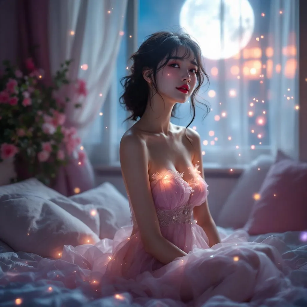A dreamy fantastic asia girl under soft moonlight, pastel colors, sparkles in the air,seductive  dress, cozy bedroom vibe,  Ultra Realistic, emotional and relaxing atmosphere stable diffusion, 4K