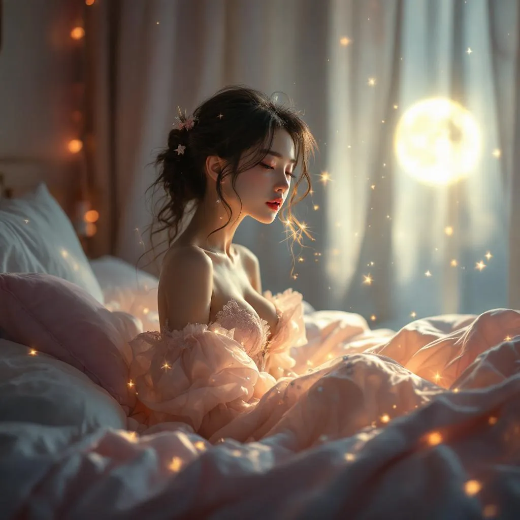 A dreamy fantastic asia girl under soft moonlight, pastel colors, sparkles in the air,seductive  dress, cozy bedroom vibe,  Ultra Realistic, emotional and relaxing atmosphere stable diffusion, 4K