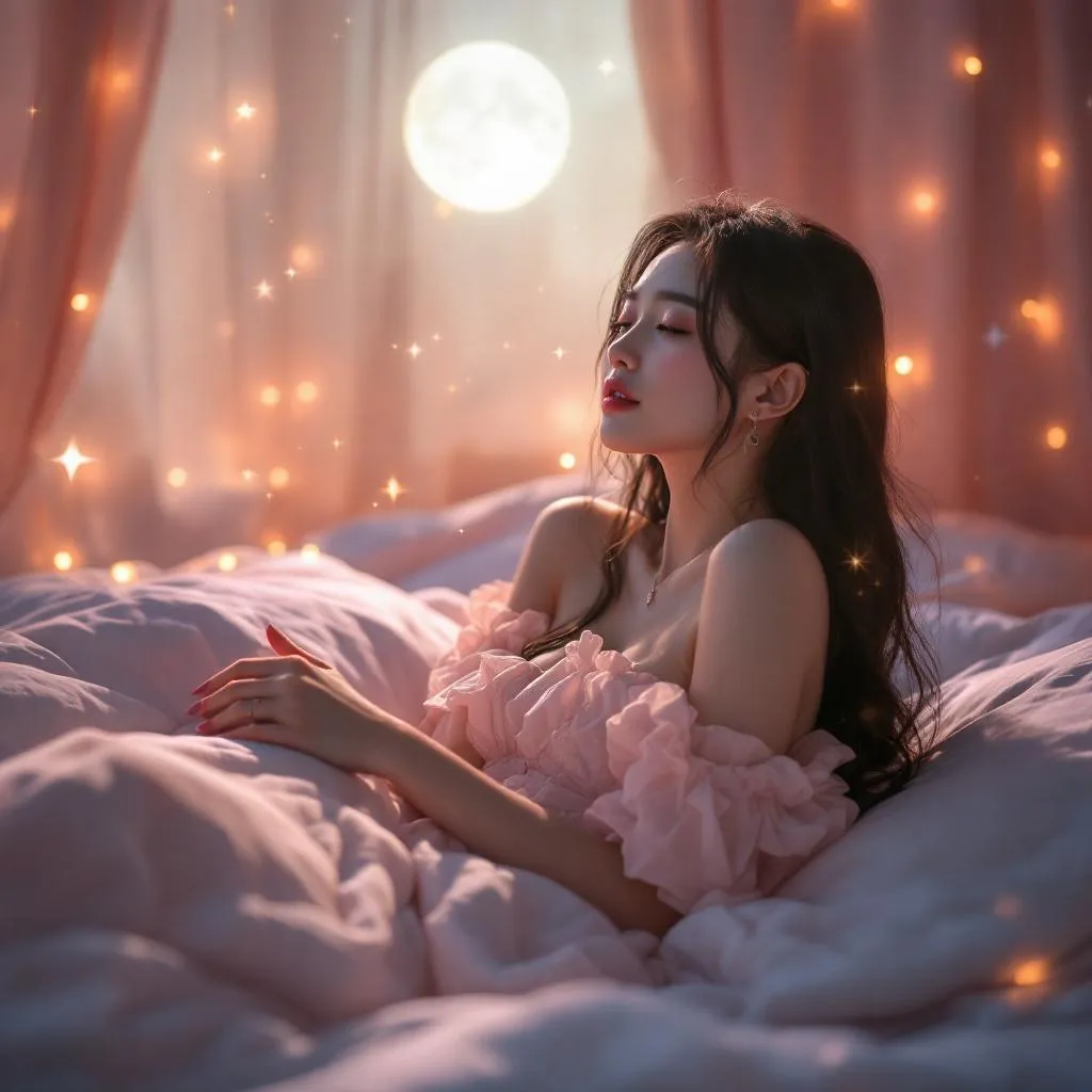 A dreamy fantastic asia girl under soft moonlight, pastel colors, sparkles in the air,seductive  dress, cozy bedroom vibe,  Ultra Realistic, emotional and relaxing atmosphere stable diffusion, 4K