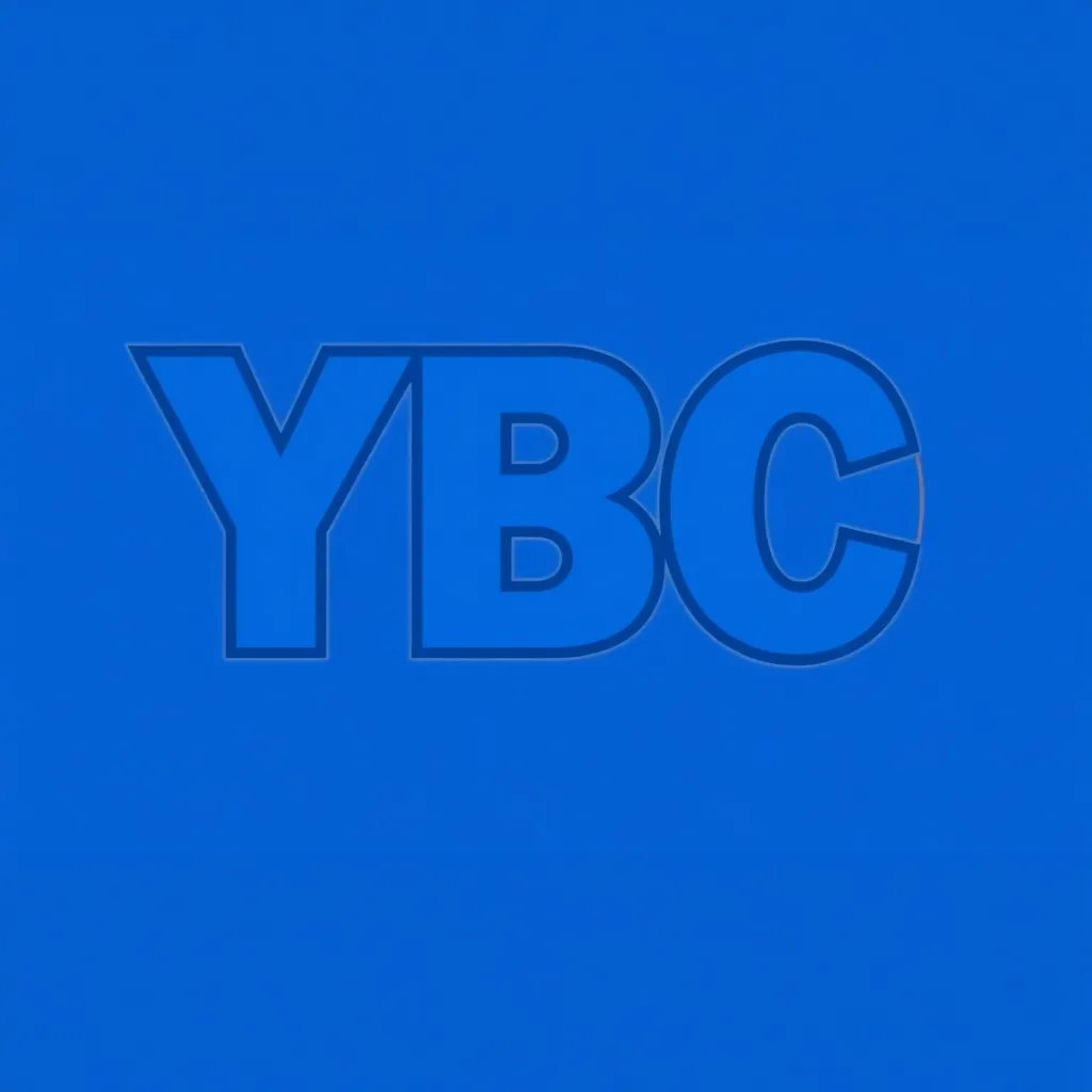 YBC 방송국 스타일 로고, 굵고 직선적인 산세리프 폰트로 'YBC' 텍스트, 주된 색상은 파랑, 'Y' 글자에 오렌지색 음파 심볼 결합, 깔끔하고 심플한 디자인, 전문적이고 신뢰성 있는 방송국 로고 스타일