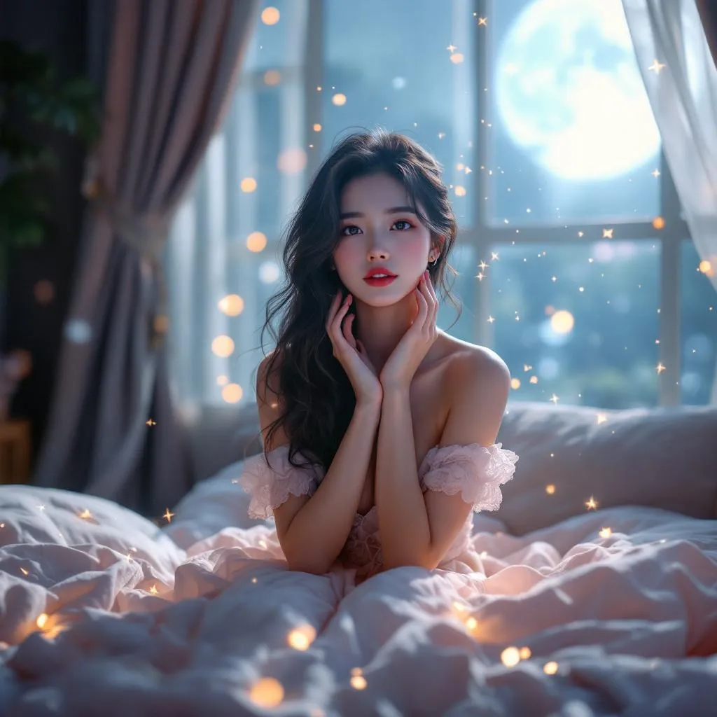 A dreamy fantastic asia girl under soft moonlight, pastel colors, sparkles in the air,seductive  dress, cozy bedroom vibe,  Ultra Realistic, emotional and relaxing atmosphere stable diffusion, 4K