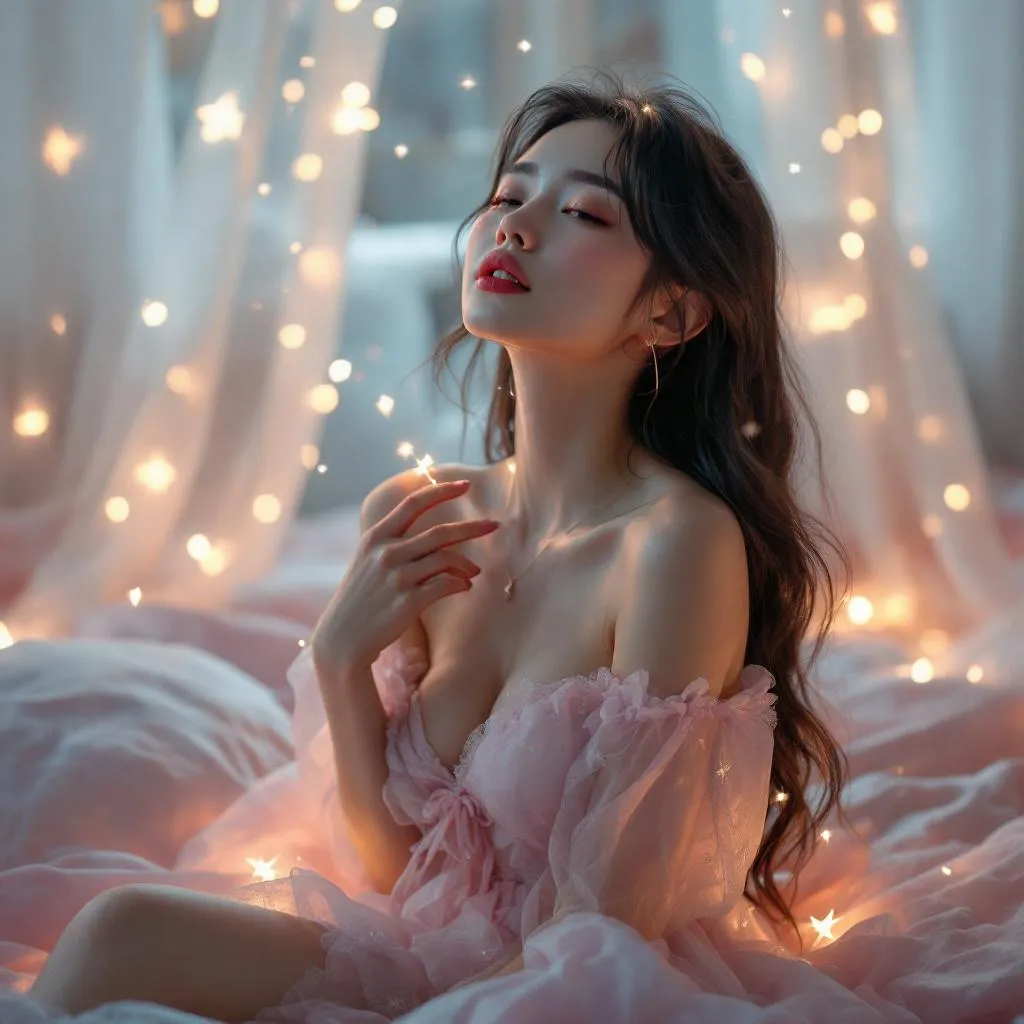 A dreamy fantastic asia girl under soft moonlight, pastel colors, sparkles in the air,seductive  dress, cozy bedroom vibe,  Ultra Realistic, emotional and relaxing atmosphere stable diffusion, 4K