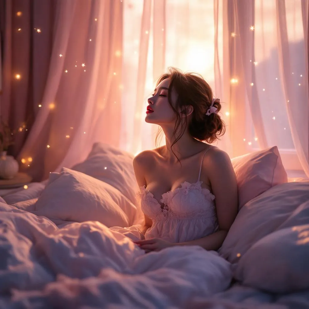 A dreamy fantastic beautiful asia girl under soft moonlight, pastel colors, sparkles in the air,seductive dress, cozy bedroom vibe,Ultra Realistic,emotional and relaxing atmosphere stable diffusion, 4K