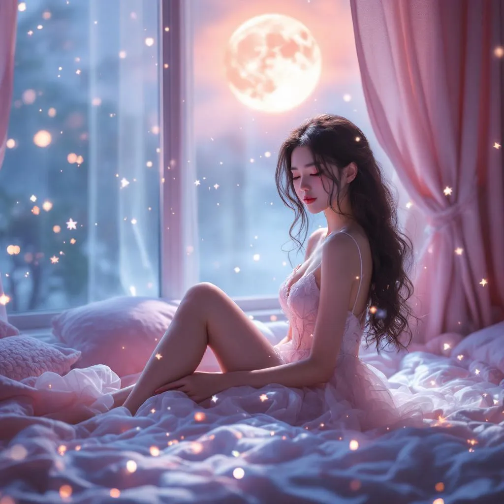 A dreamy fantastic asia girl under soft moonlight, pastel colors, sparkles in the air,seductive  dress, cozy bedroom vibe,  Ultra Realistic, emotional and relaxing atmosphere stable diffusion, 4K