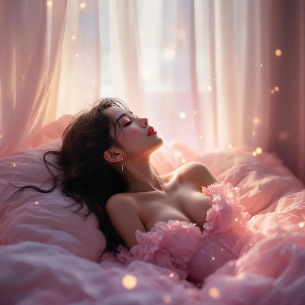 A dreamy fantastic asia girl under soft moonlight, pastel colors, sparkles in the air,seductive  dress, cozy bedroom vibe,  Ultra Realistic, emotional and relaxing atmosphere stable diffusion, 4K
