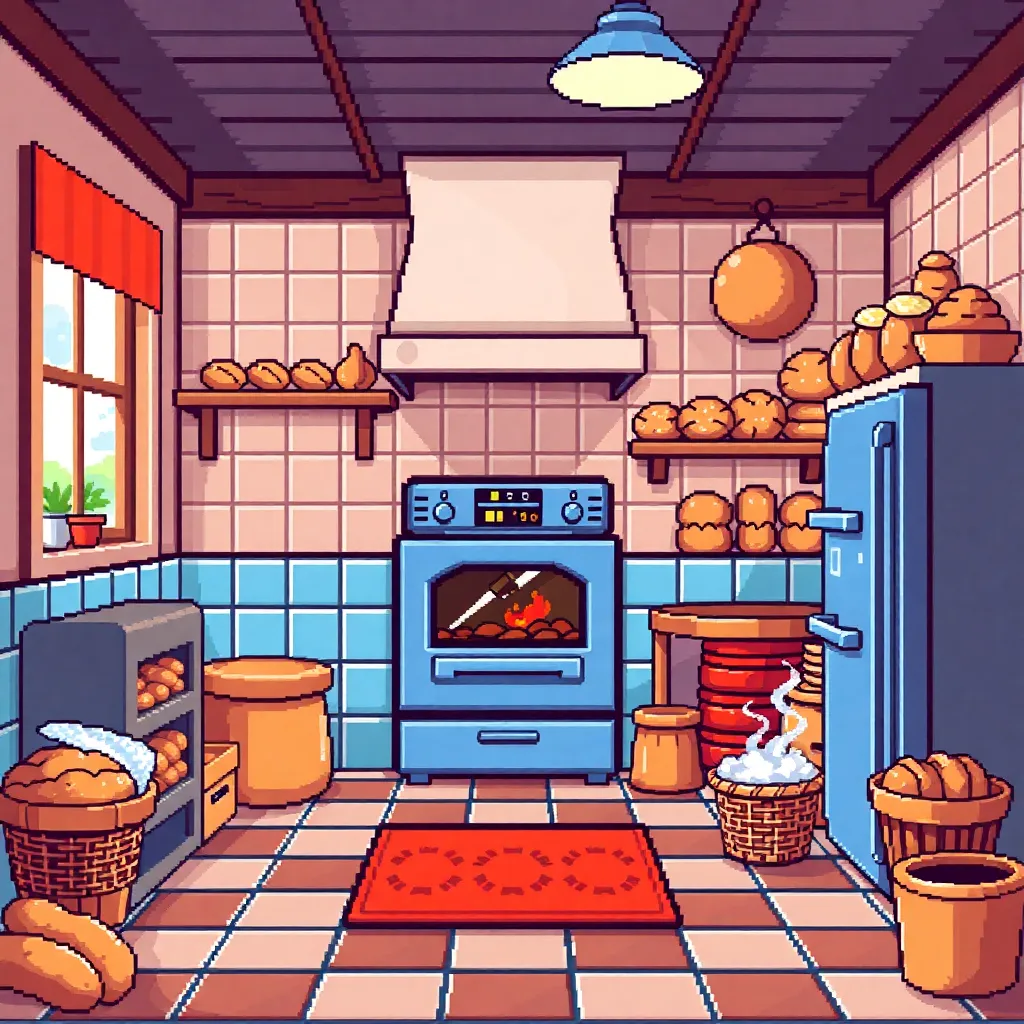 32x32 픽셀 아트 스타일의 베이커리 내부, 레트로 게임 느낌, 오븐과 다양한 빵이 진열된 아늑한 베이커리