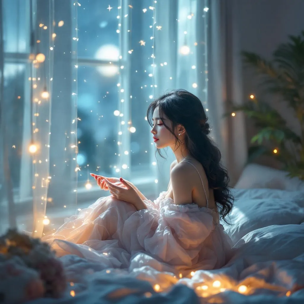 A dreamy fantastic asia girl under soft moonlight, pastel colors, sparkles in the air,seductive  dress, cozy bedroom vibe,  Ultra Realistic, emotional and relaxing atmosphere stable diffusion, 4K