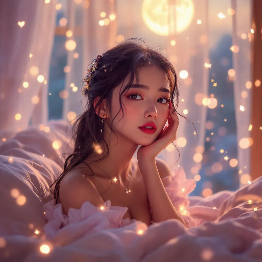 A dreamy fantastic asia girl under soft moonlight, pastel colors, sparkles in the air,seductive  dress, cozy bedroom vibe,  Ultra Realistic, emotional and relaxing atmosphere stable diffusion, 4K