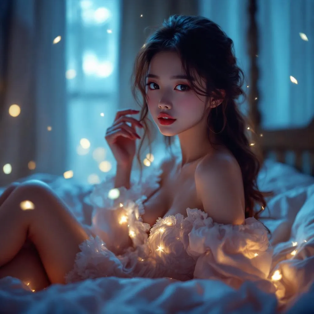 A dreamy fantastic asia girl under soft moonlight, pastel colors, sparkles in the air,seductive  dress, cozy bedroom vibe,  Ultra Realistic, emotional and relaxing atmosphere stable diffusion, 4K