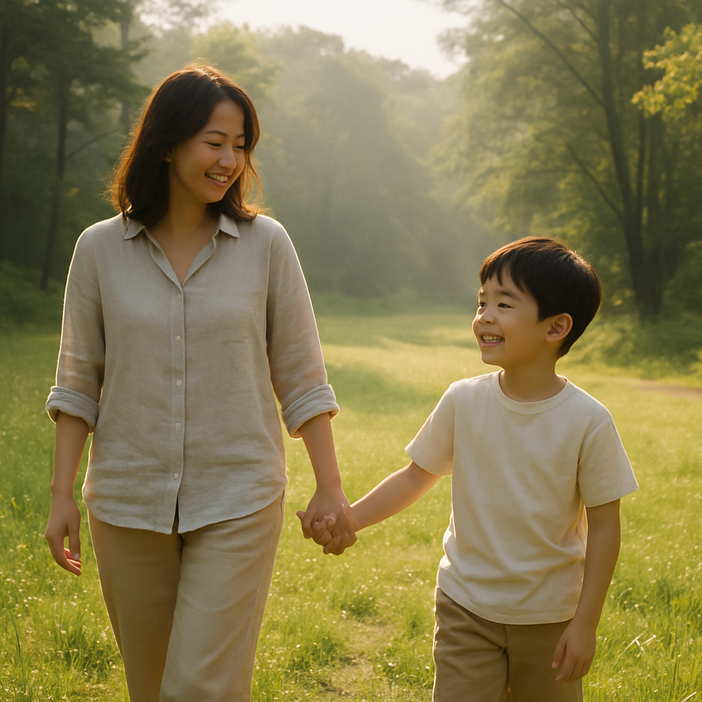 It is set in Korea. On a summer day, park scenery near the forest. Dews sparkle on the grass in the soft morning sunlight. A Korean woman in her 30s with a warm face walks slowly while holding hands with her Korean 7-year-old son. The child looks at her m