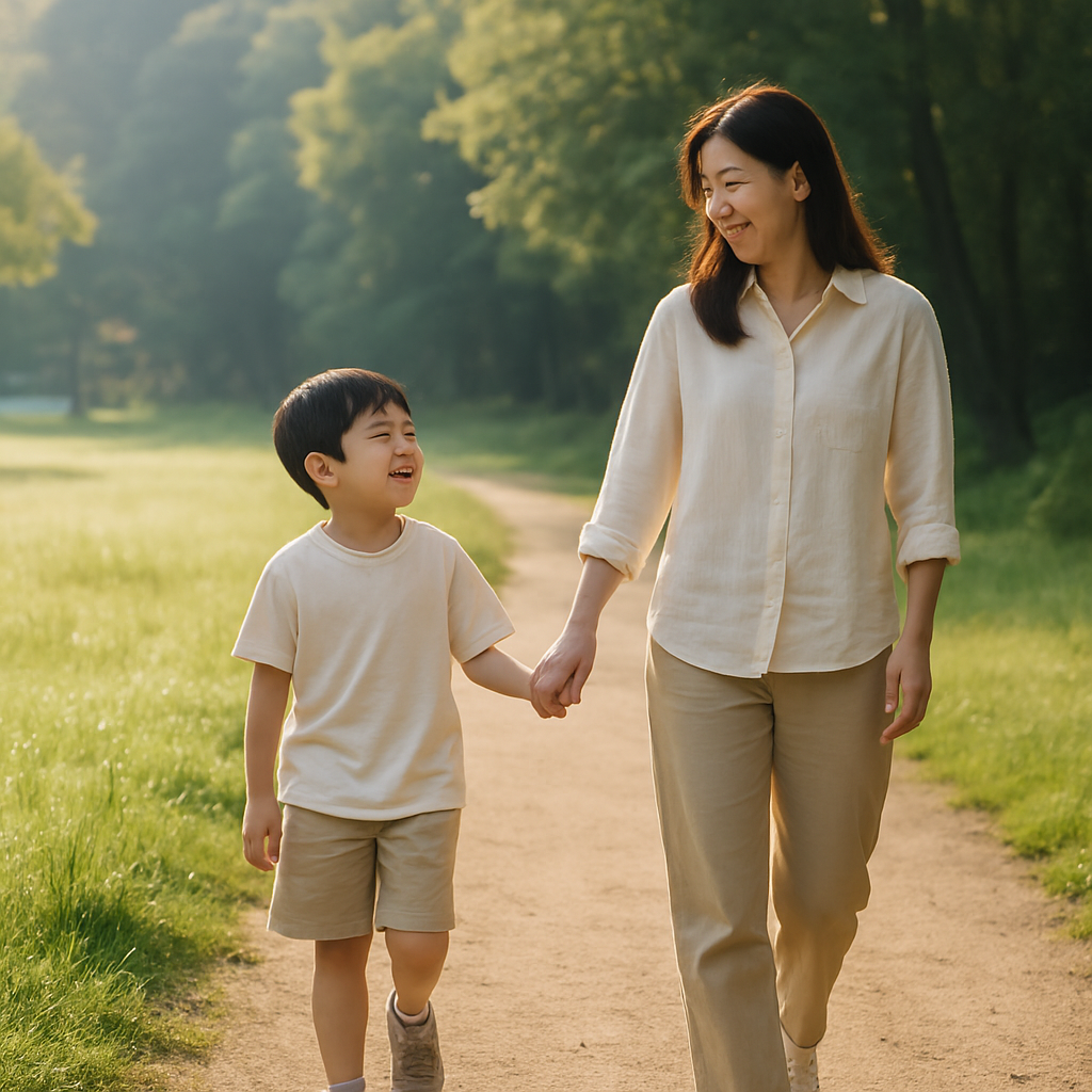 It is set in Korea. On a summer day, the scenery of a park near the forest. Dews sparkle on the grass in the soft morning sunlight. A Korean woman in her 30s with a friendly look on her face walks slowly while holding hands with her Korean 7-year-old son.