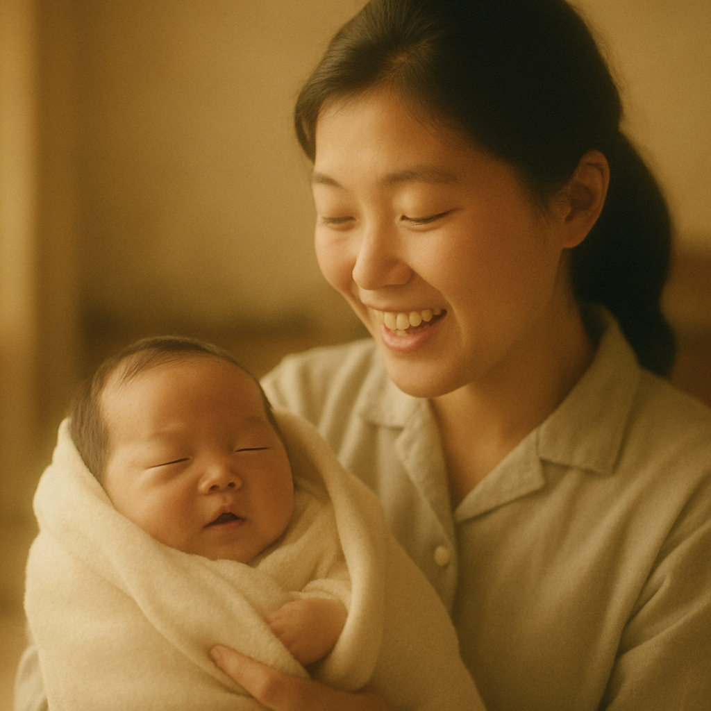 Korea In the 1960s, a throwback scene of a newborn Korean baby wrapped in a soft blanket, and a young Korean mother in her 20s are holding it. Her face, smiling and whispering "Mom," shines with love. The baby blinks gently, and the room is warm and fille