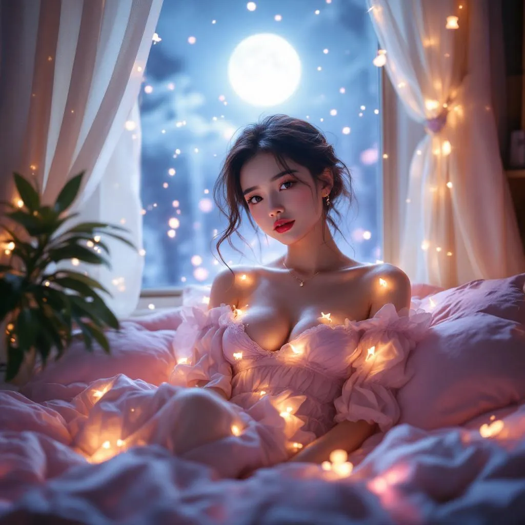 A dreamy fantastic asia girl under soft moonlight, pastel colors, sparkles in the air,seductive  dress, cozy bedroom vibe, Front shot, Ultra Realistic, emotional and relaxing atmosphere stable diffusion, 4K