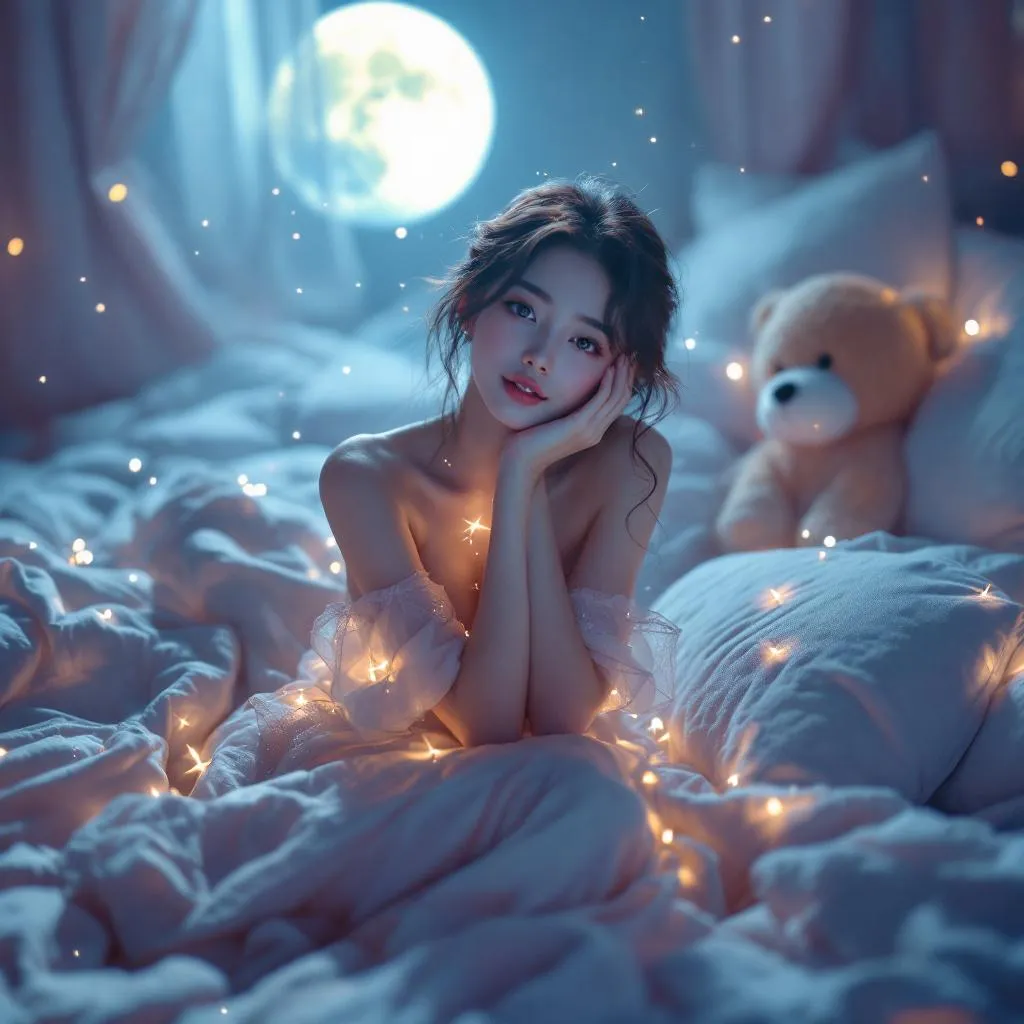 A dreamy fantastic asia girl under soft moonlight, pastel colors, sparkles in the air,seductive  dress, cozy bedroom vibe, Front shot, Ultra Realistic, emotional and relaxing atmosphere stable diffusion, 4K