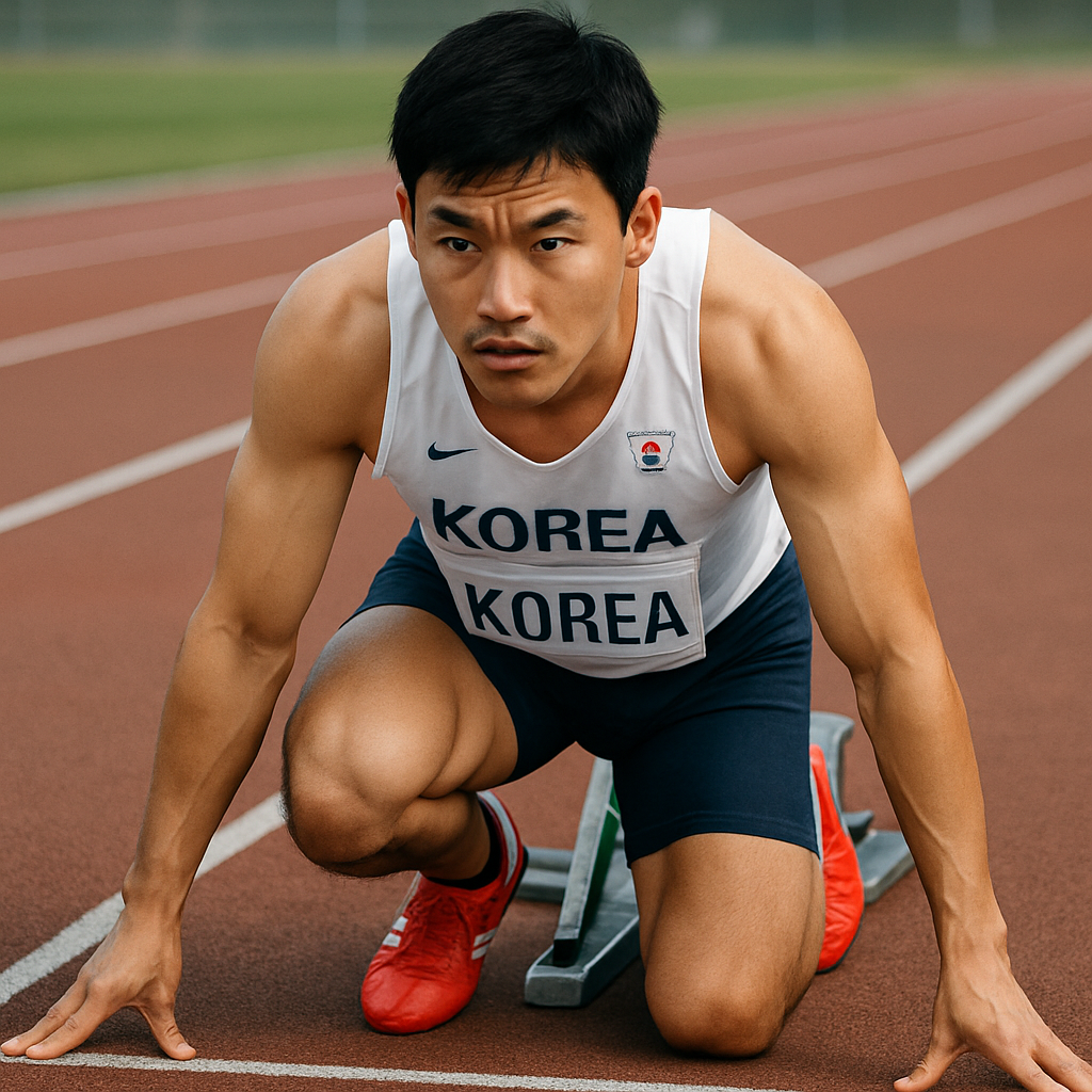 한국 육상선수가 출발선에서 스타트 하는 이미지