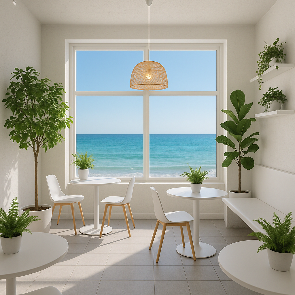 A modern white cafe with a view of the sea through a large white window. The inside of the cafe is decorated with forests.