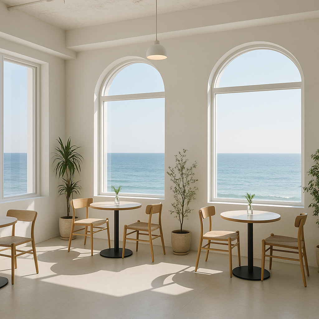 A modern spacious white cafe with three large white windows side by side and a view of the sea. The interior of the cafe is decorated with forests.