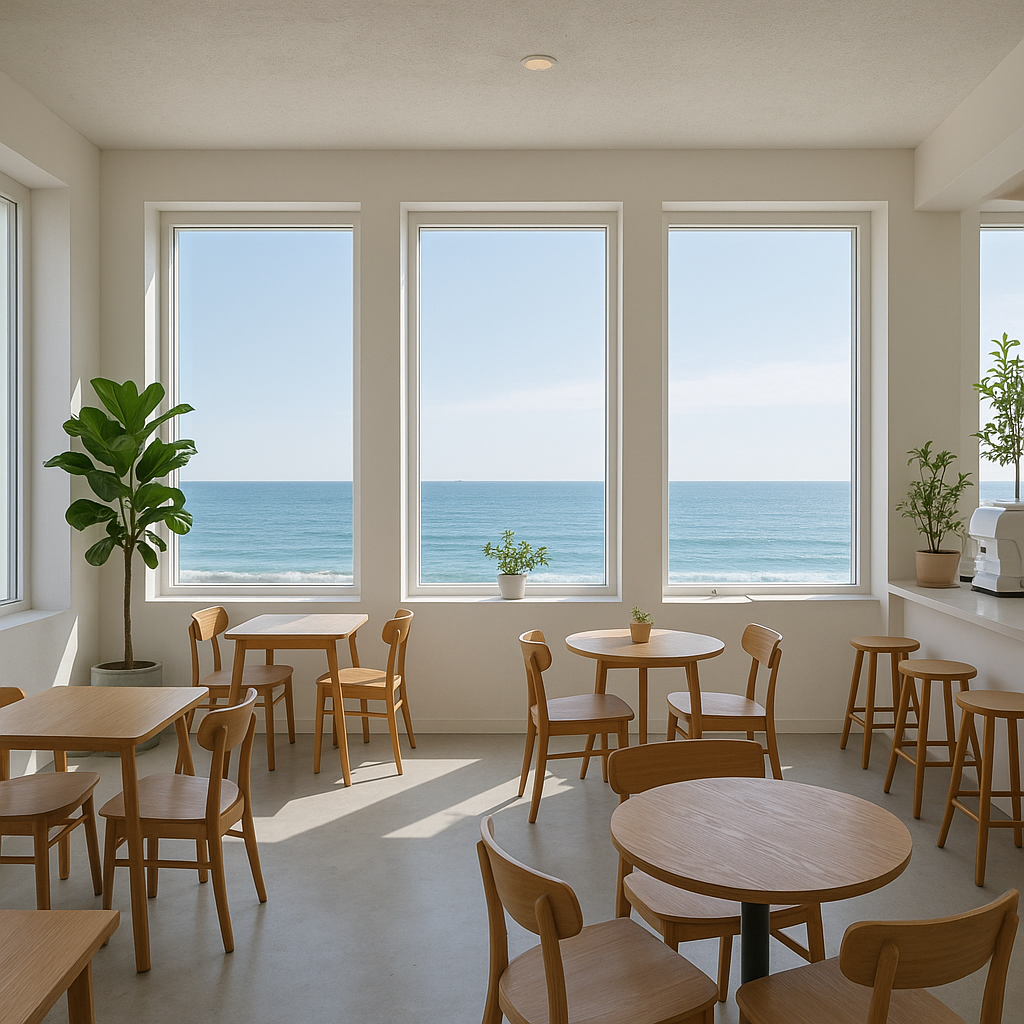 A modern spacious white cafe with three large white windows side by side and a view of the sea. The interior of the cafe is decorated with forests.