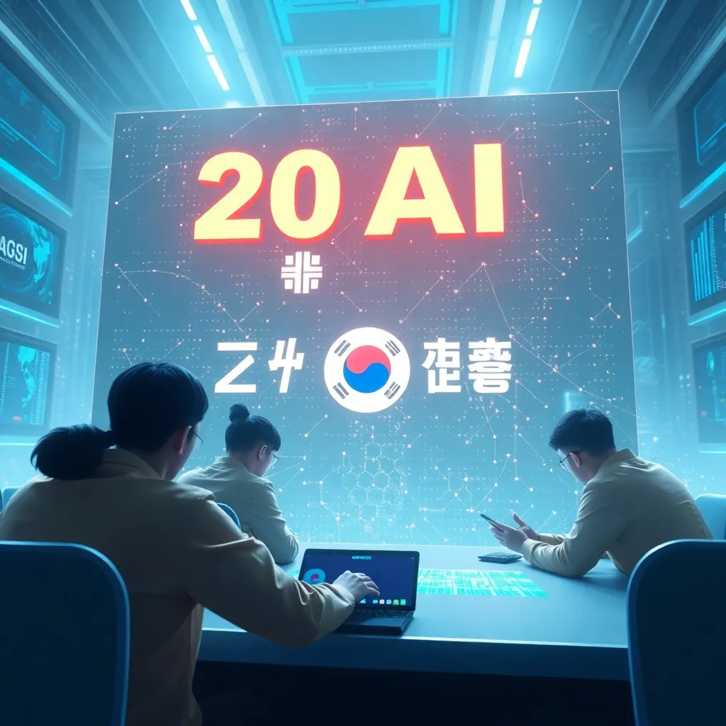 한국형 초거대 AI 모델 개발을 상징하는 이미지, 5개 팀이 경쟁하는 모습, GPU 확보를 위해 네이버클라우드와 SK텔레콤이 우위를 점하는 장면, 국가 AI 컴퓨팅센터 구축과 삼성SDS의 재참여를 나타내는 미래지향적이고 기술적인 분위기, Lora 스타일
