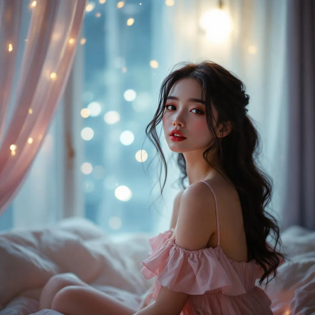 A dreamy fantastic asia girl, front shot,Don't chin up,under soft moonlight,pastel colors,sparkles in the air,bold seductive dress, cozy bedroom vibe, Ultra Realistic,emotional and relaxing atmosphere stable diffusion, 4K