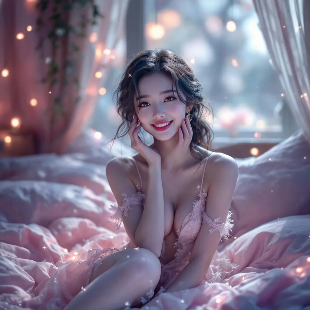 A dreamy fantastic asia girl, front shot,Don't chin up,under soft moonlight,pastel colors,sparkles in the air,bold seductive dress, cozy bedroom vibe, Ultra Realistic,emotional and relaxing atmosphere stable diffusion, 4K