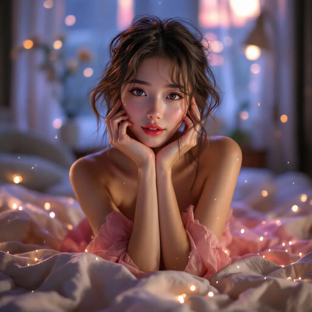 A dreamy fantastic asia girl, front shot,Don't chin up,under soft moonlight,pastel colors,sparkles in the air,bold seductive dress, cozy bedroom vibe, Ultra Realistic,emotional and relaxing atmosphere stable diffusion, 4K