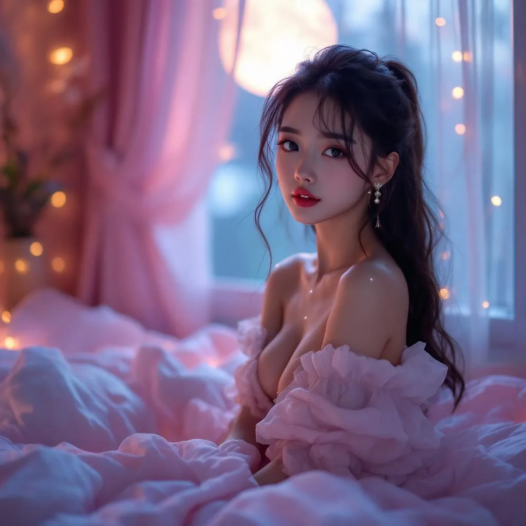 A dreamy fantastic asia girl, front shot,Don't chin up,under soft moonlight,pastel colors,sparkles in the air,bold seductive dress, cozy bedroom vibe, Ultra Realistic,emotional and relaxing atmosphere stable diffusion, 4K