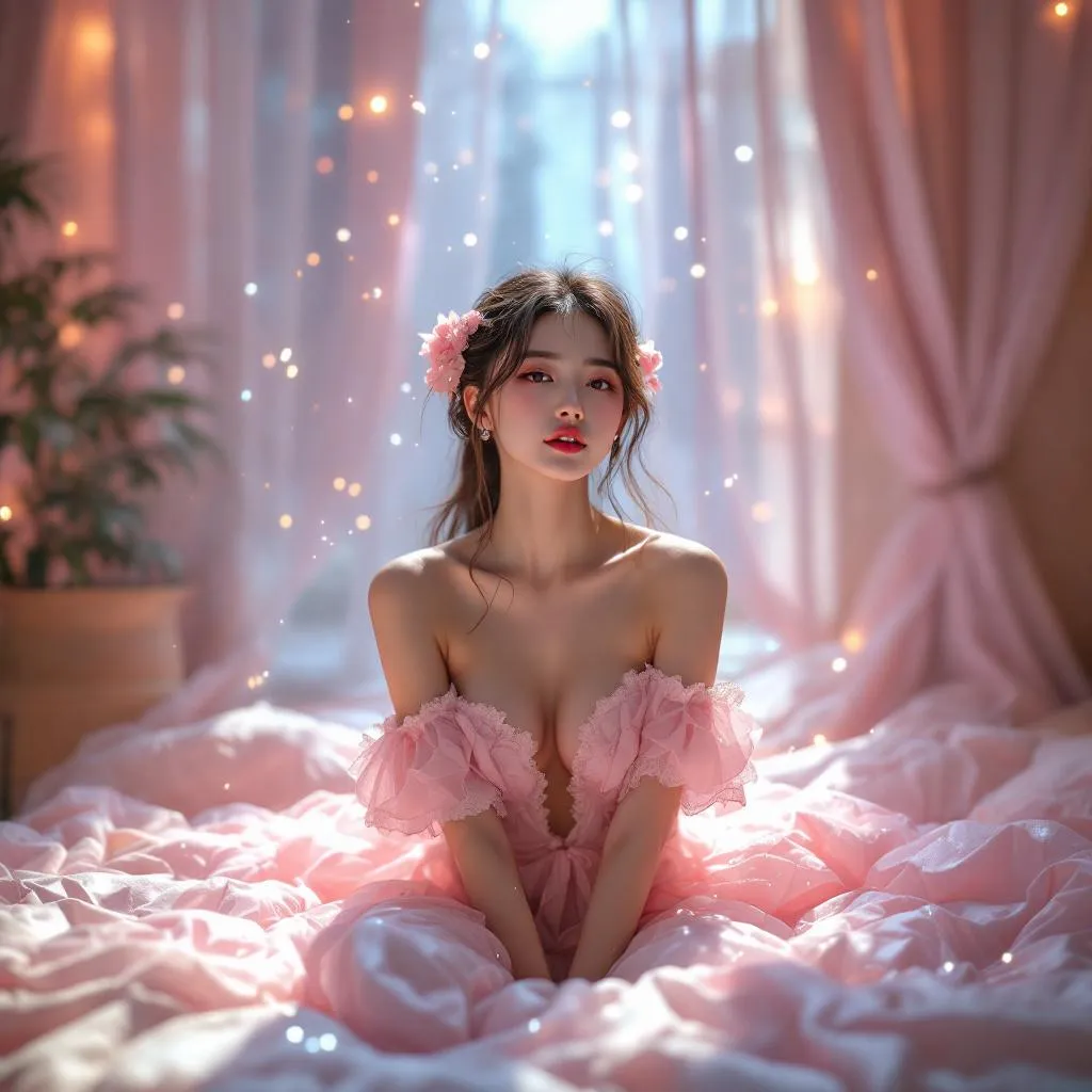 A dreamy fantastic asia girl, front shot,Don't chin up,under soft moonlight,pastel colors,sparkles in the air,bold seductive dress, cozy bedroom vibe, Ultra Realistic,emotional and relaxing atmosphere stable diffusion, 4K