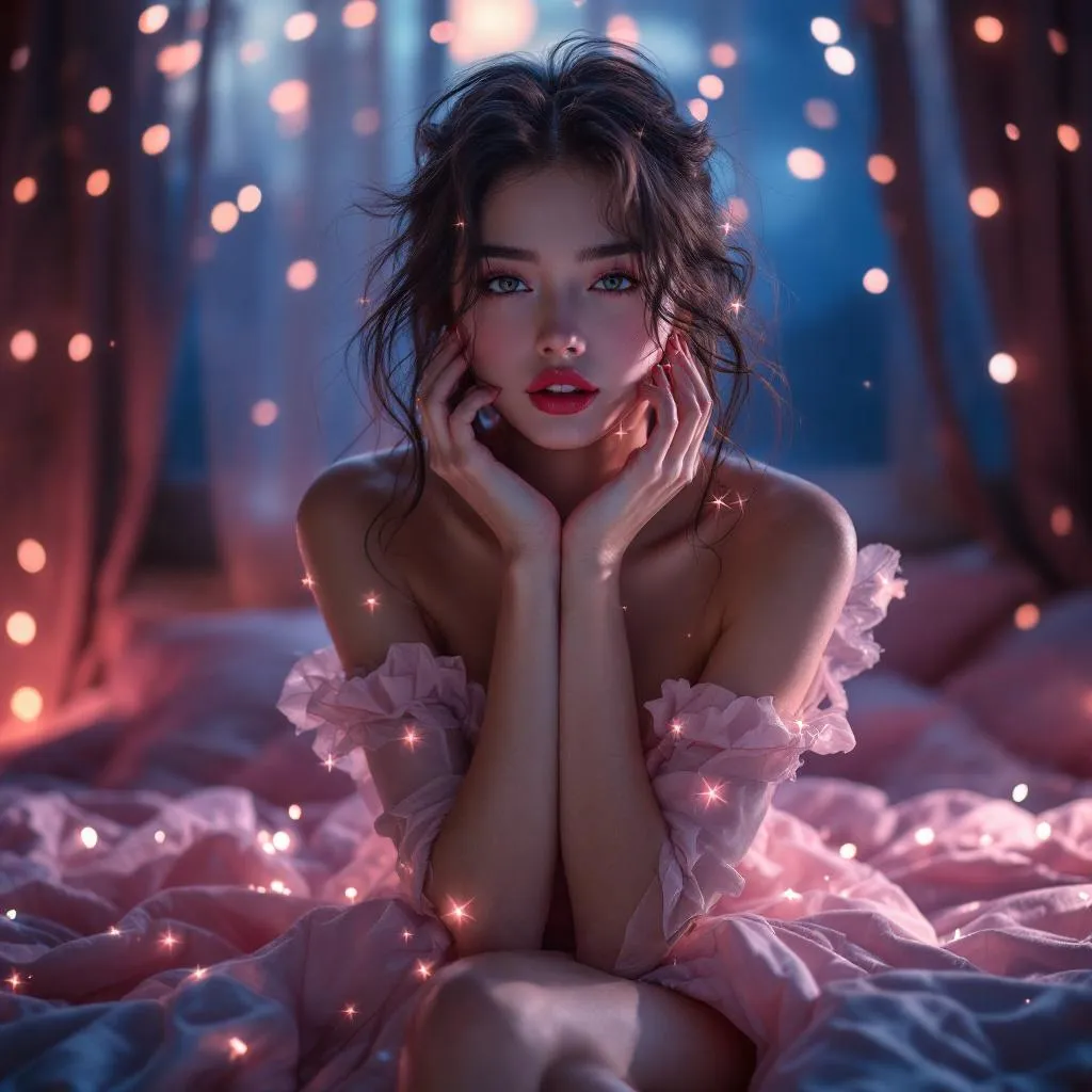 A dreamy fantastic asia girl, front shot,Don't chin up,under soft moonlight,pastel colors,sparkles in the air,bold seductive dress, cozy bedroom vibe, Ultra Realistic,emotional and relaxing atmosphere stable diffusion, 4K