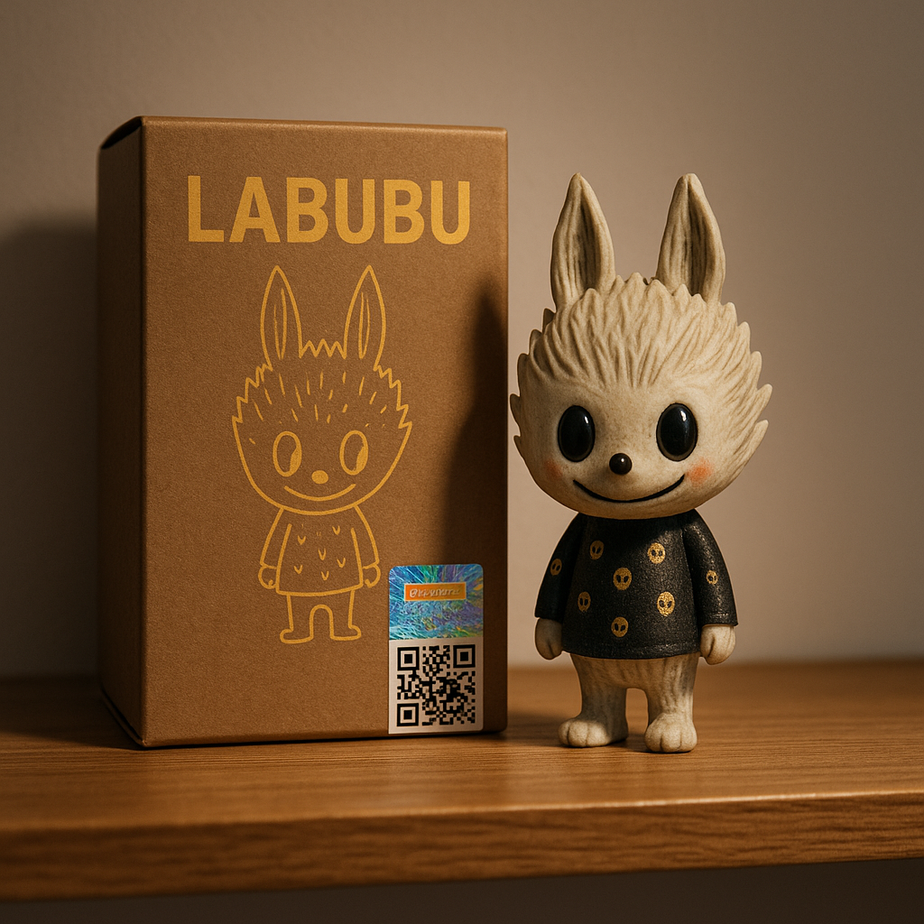 A high-quality photo of a collectible Chinese designer toy 'Labubu' placed on a wooden shelf with spotlight, showcasing exclusive packaging, authentic hologram sticker, and QR code, set against a minimal background. Perfect for product showcase or investm