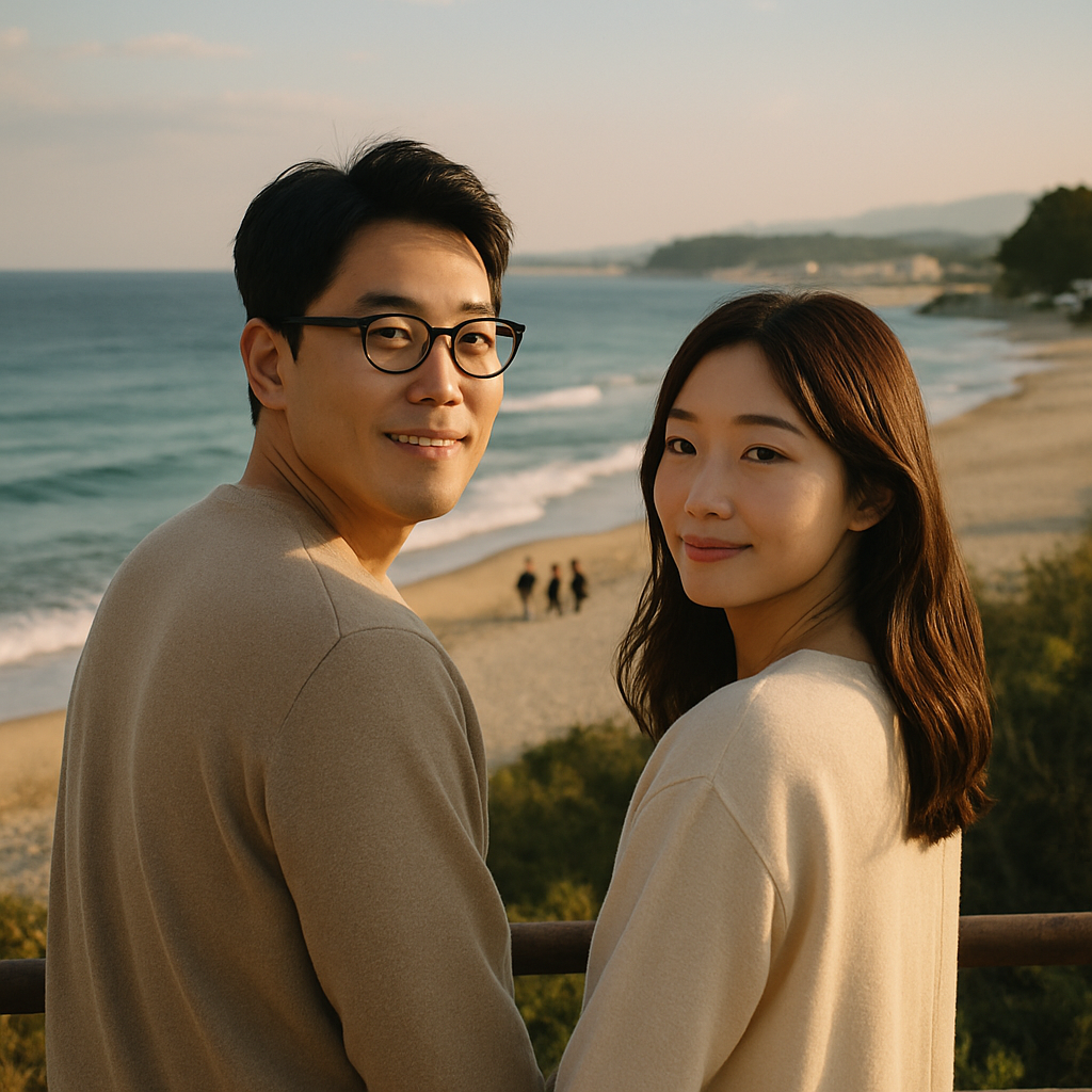 한국의 동해바다가 보이는 아름다운 곳에서 한국인30대 남자와 한국인30대 여자. 남자는 검정뿔테 안경을 쓰고 있고,여자는 꽤 분위기 있는 아름다운 여성.머리는 어깨에서 조금 더 내려오는 길이의 자연스러운 헤어.두 사람은 애틋한 마음으로 위로를 하듯 손을 마주잡고 시선은 바닷가를 향해 서 있는 뒷모습.바다 배경을 넓게. 사람은 원거리 촬영.조명은 따뜻하고 감성적인