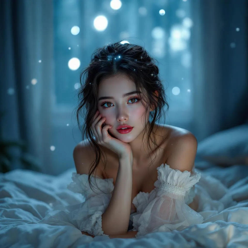 A dreamy fantastic asia girl, front shot,Don't chin up,under soft moonlight,pastel colors,sparkles in the air,bold seductive dress, cozy bedroom vibe, Ultra Realistic,emotional and relaxing atmosphere stable diffusion, 4K
