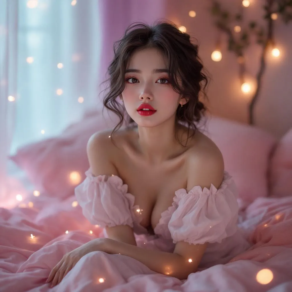 A dreamy fantastic asia girl, front shot,Don't chin up,under soft moonlight,pastel colors,sparkles in the air,bold seductive dress, cozy bedroom vibe, Ultra Realistic,emotional and relaxing atmosphere stable diffusion, 4K
