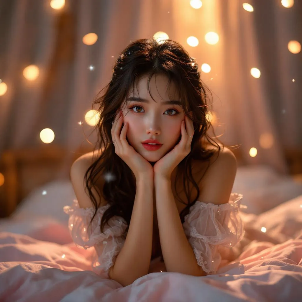 A dreamy fantastic asia girl, front shot,Don't chin up,under soft moonlight,pastel colors,sparkles in the air,bold seductive dress, cozy bedroom vibe, Ultra Realistic,emotional and relaxing atmosphere stable diffusion, 4K