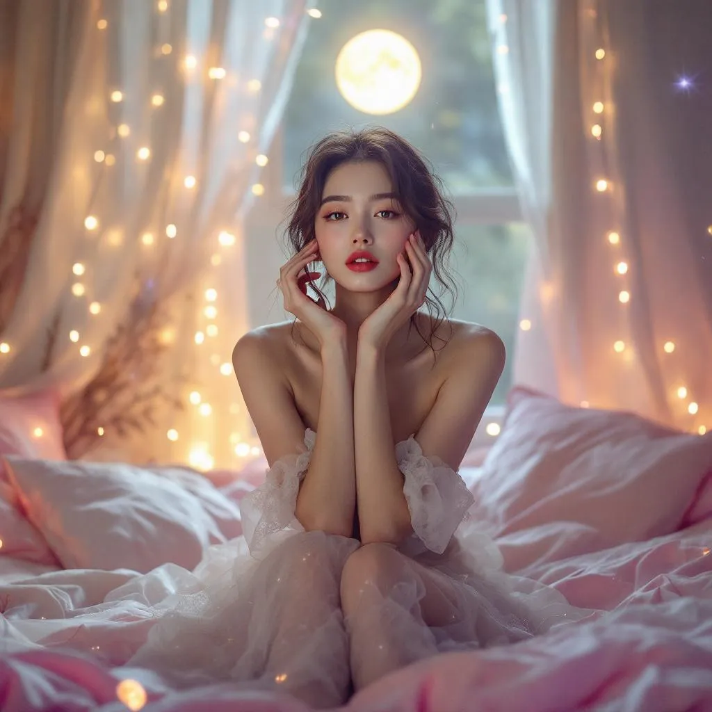 A dreamy fantastic asia girl, front shot,Don't chin up,under soft moonlight,pastel colors,sparkles in the air,bold seductive dress, cozy bedroom vibe, Ultra Realistic,emotional and relaxing atmosphere stable diffusion, 4K