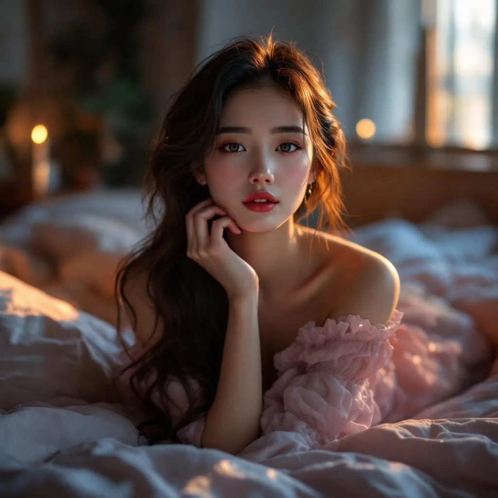 A dreamy fantastic asia girl, front shot,Don't chin up,under soft moonlight,pastel colors,sparkles in the air,bold seductive dress, cozy bedroom vibe, Ultra Realistic,emotional and relaxing atmosphere stable diffusion, 4K
