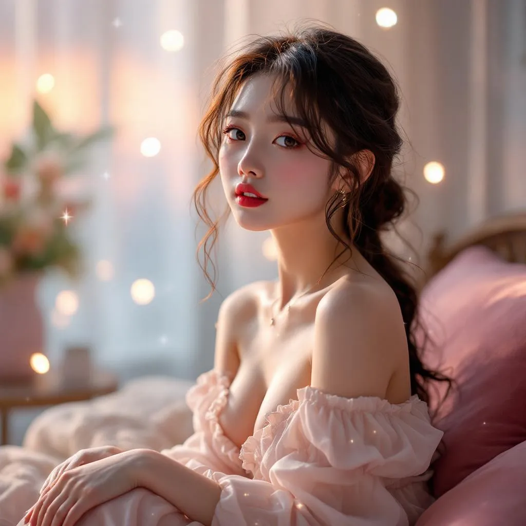 A dreamy fantastic asia girl, front shot,Don't chin up,under soft moonlight,pastel colors,sparkles in the air,bold seductive dress, cozy bedroom vibe, Ultra Realistic,emotional and relaxing atmosphere stable diffusion, 4K