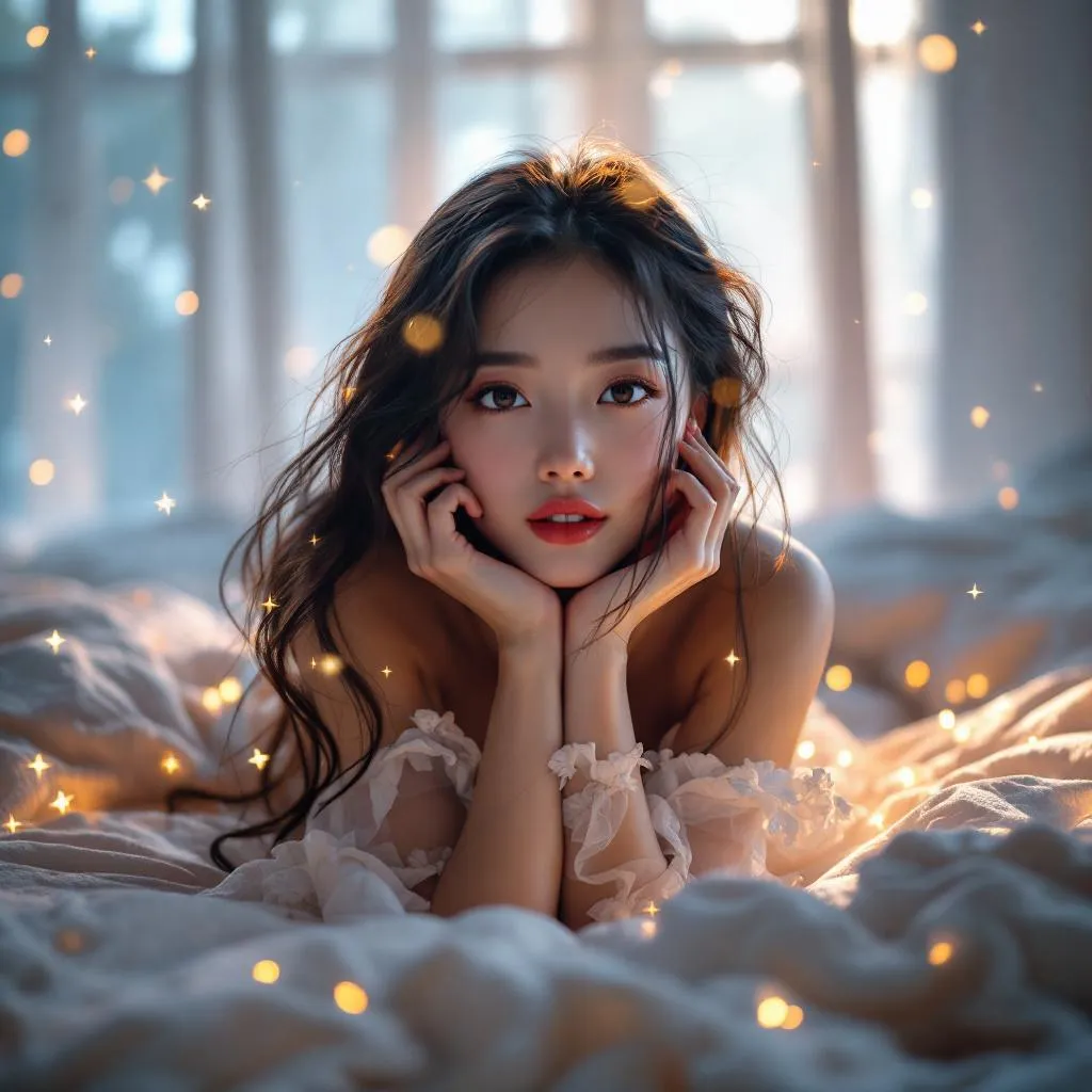 A dreamy fantastic asia girl, front shot,Don't chin up,under soft moonlight,pastel colors,sparkles in the air,bold seductive dress, cozy bedroom vibe, Ultra Realistic,emotional and relaxing atmosphere stable diffusion, 4K