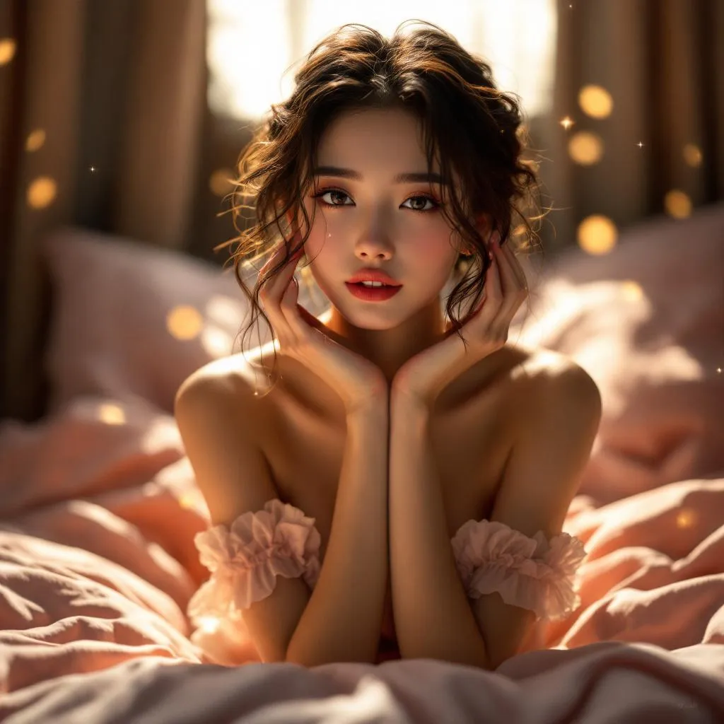 A dreamy fantastic asia girl, front shot,Don't chin up,under soft moonlight,pastel colors,sparkles in the air,bold seductive dress, cozy bedroom vibe, Ultra Realistic,emotional and relaxing atmosphere stable diffusion, 4K
