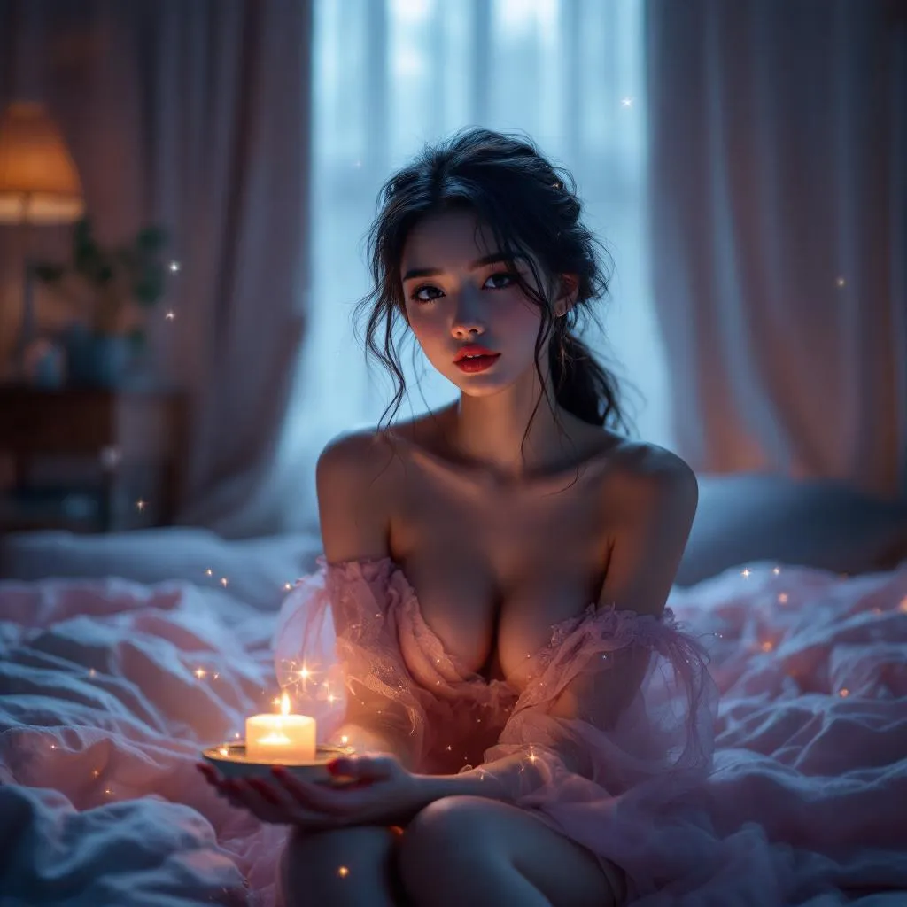 A dreamy fantastic asia girl, front shot,Don't chin up,under soft moonlight,pastel colors,sparkles in the air,bold seductive dress, cozy bedroom vibe, Ultra Realistic,emotional and relaxing atmosphere stable diffusion, 4K