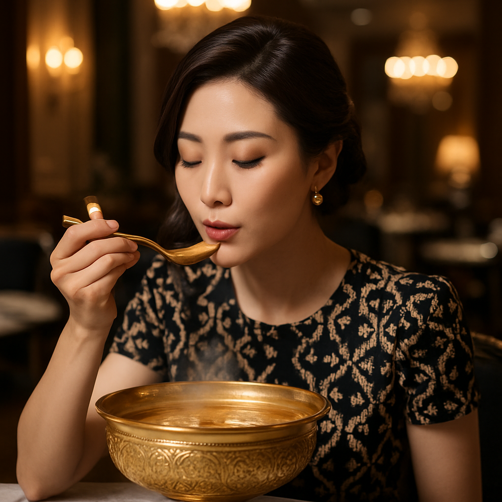A luxurious and elegant Korean woman in her 30s dining in a sophisticated, high-class restaurant. She is gracefully tasting a rich, steaming soup from a large ornate golden bowl. The soup spoon, also gold, is gently held near her lips as she enjoys the fl