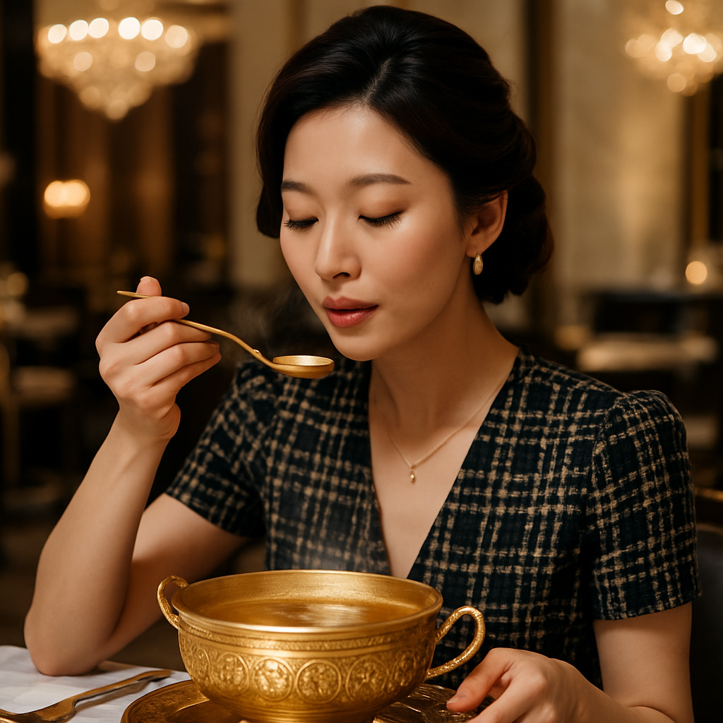 A luxurious and elegant Korean woman in her 30s dining in a sophisticated, high-class restaurant. She is gracefully tasting a rich, steaming soup from a large ornate golden bowl. The soup spoon, also gold, is gently held near her lips as she enjoys the fl