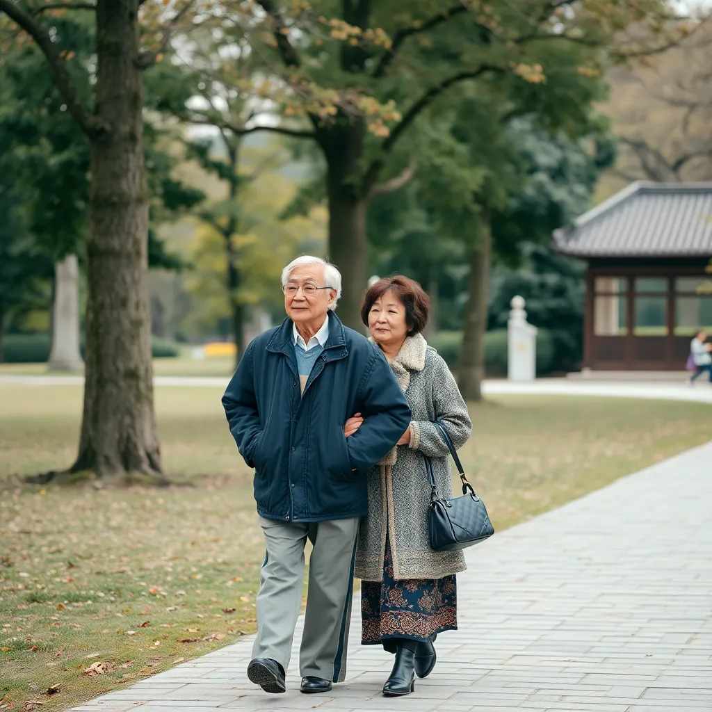 공원에서 산책하는 한국인 시니어 남성과 여성, 실사 스타일, 자연스러운 배경과 따뜻한 분위기